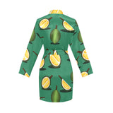 Durian pattern green background Women's Long Sleeve Belted Night Robe
