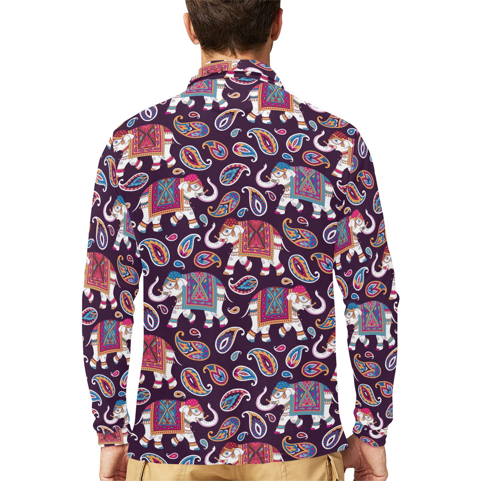 Elephant indian style ornament pattern Men's Long Sleeve Polo Shirt