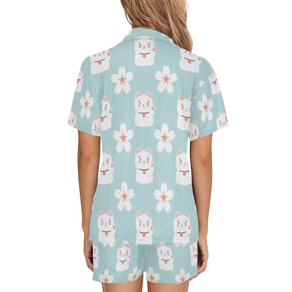 Maneki neko cat sakura Women's V-Neck Short Pajama Set