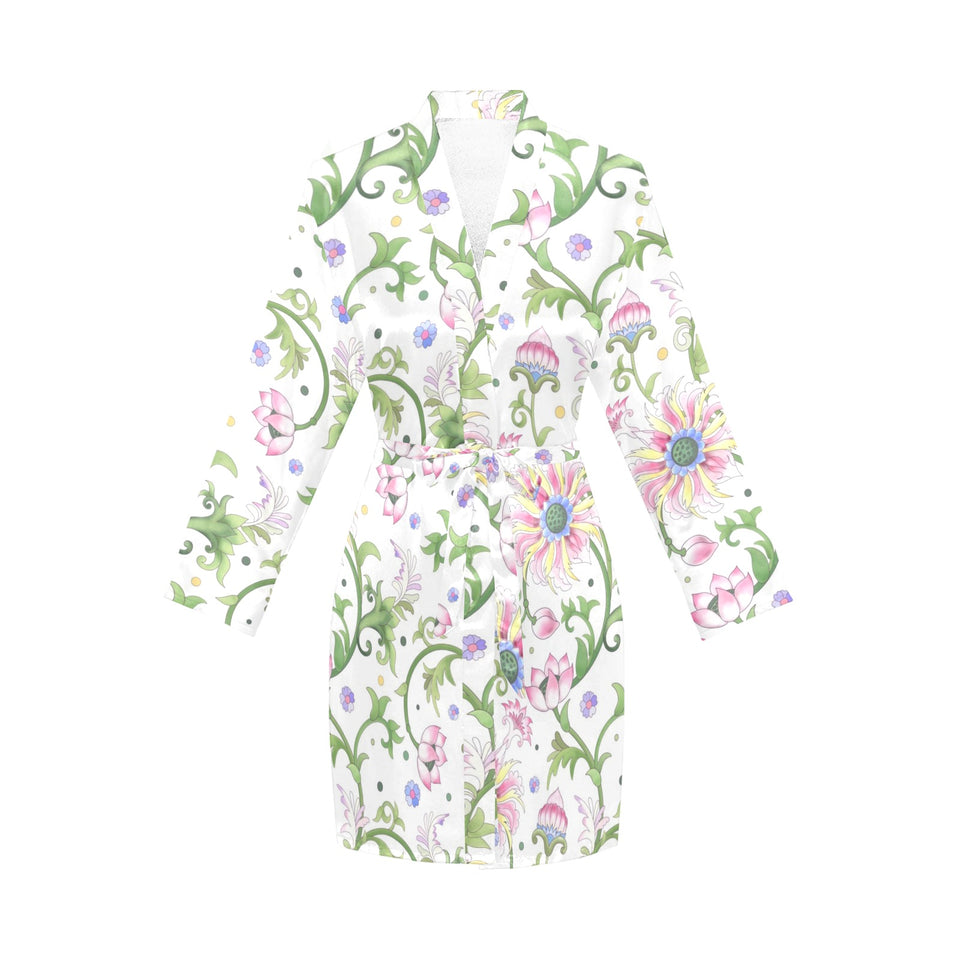 Beautiful pink lotus waterlily leaves pattern Women's Long Sleeve Belted Night Robe
