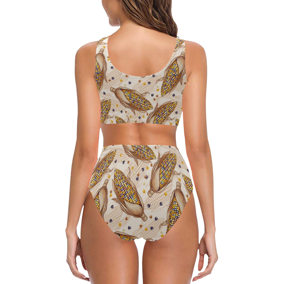 Corn Pattern Print Design 03 Chest Bowknot High Waisted Bikini Swimsuit
