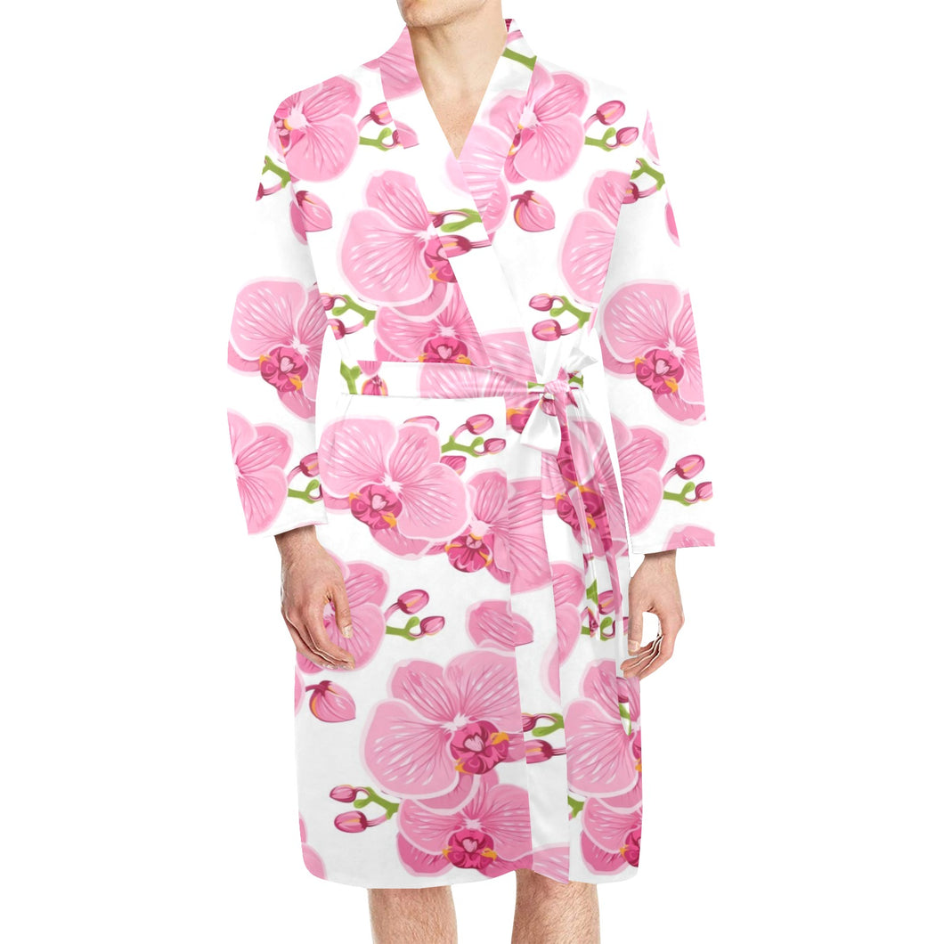 pink purple orchid pattern background Men's Long Sleeve Belted Night Robe