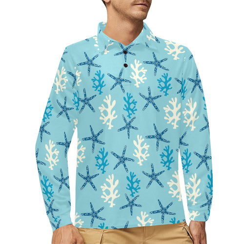 Blue starfish coral reef pattern Men's Long Sleeve Polo Shirt