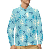 Blue starfish coral reef pattern Men's Long Sleeve Polo Shirt