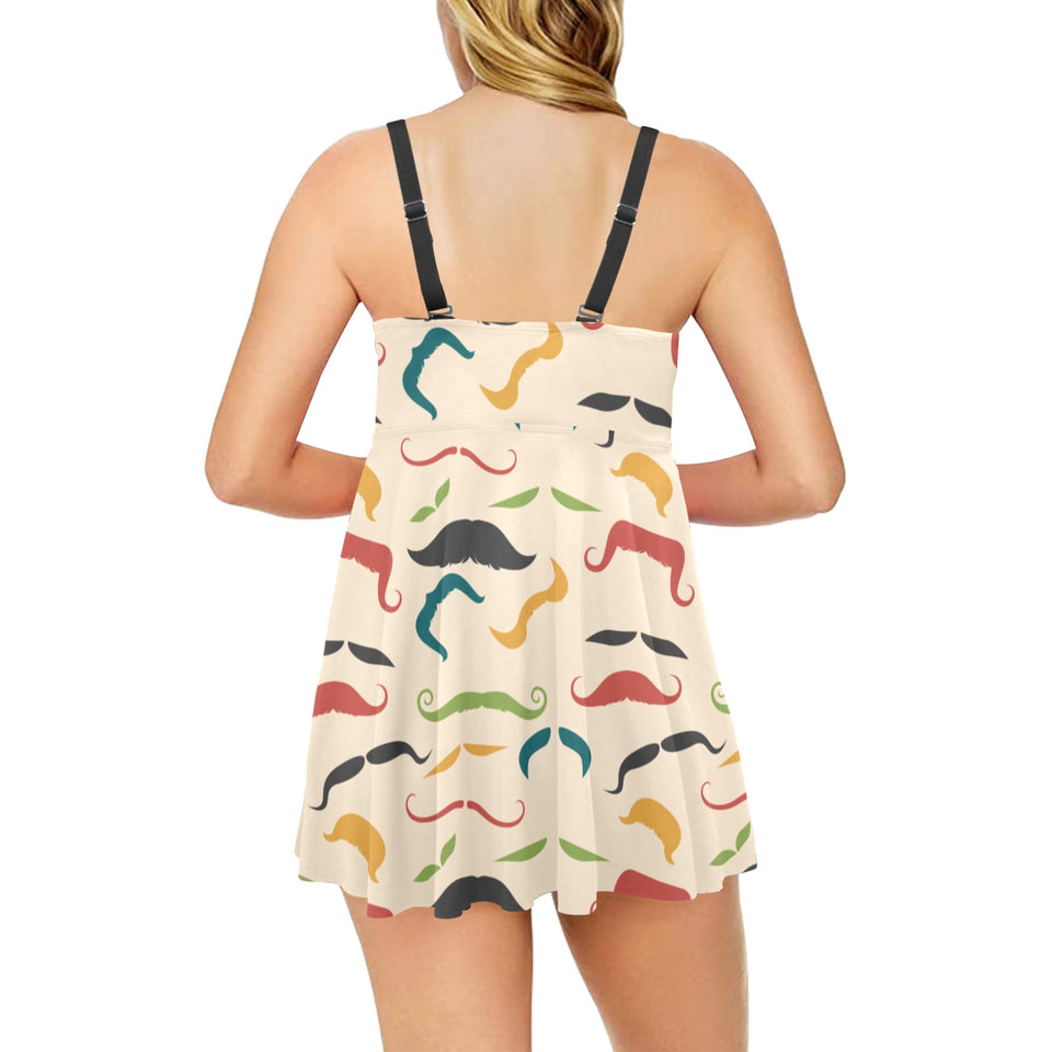 Mustache Beard Pattern Print Design 03 Chest Sexy Pleated Two Piece Swim Dress
