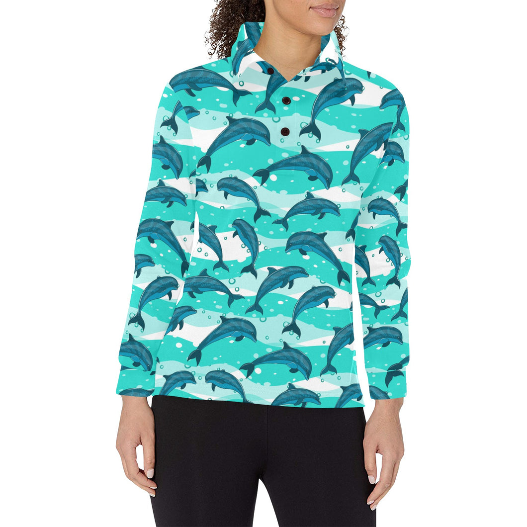 Dolphin sea pattern Women's Long Sleeve Polo Shirt