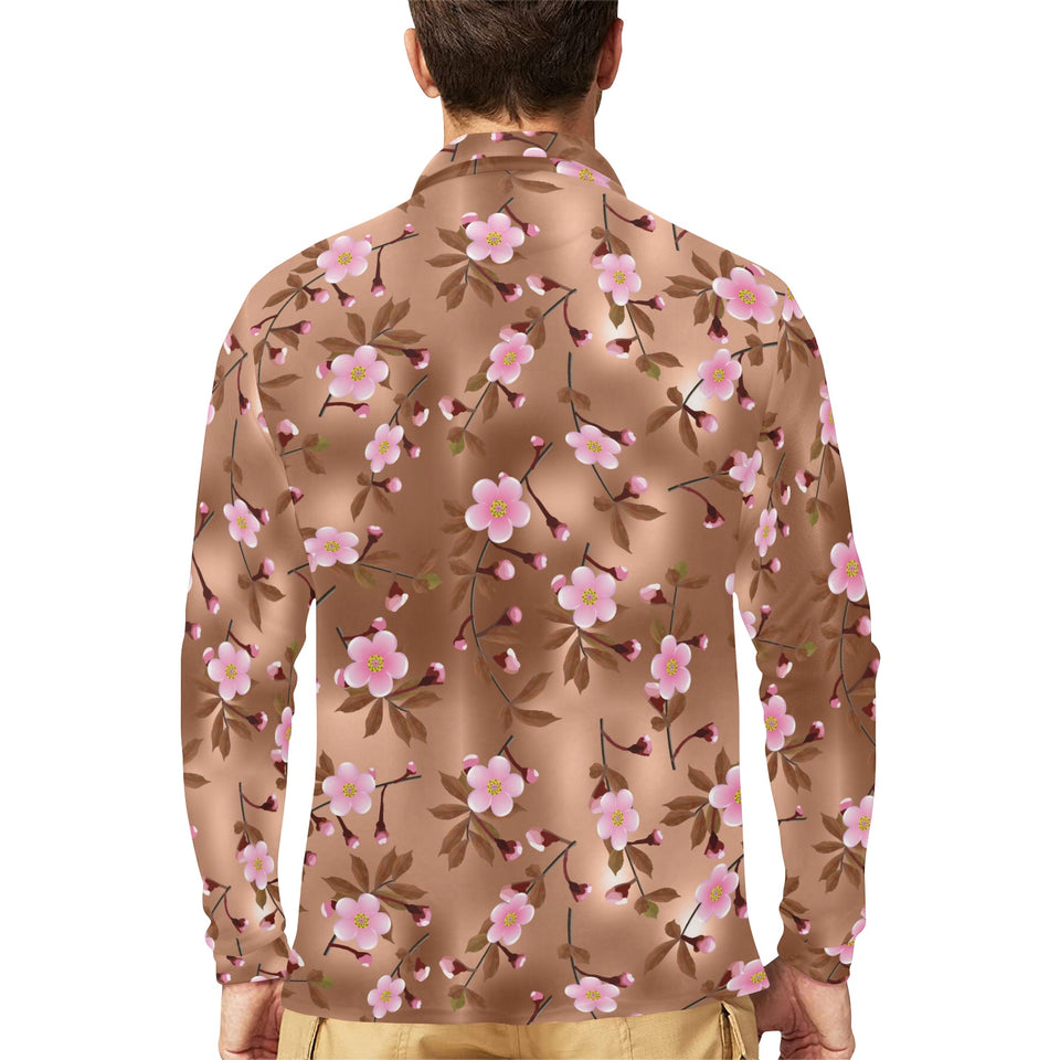 Pink sakura cherry blossom drak brown background Men's Long Sleeve Polo Shirt