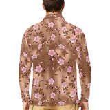 Pink sakura cherry blossom drak brown background Men's Long Sleeve Polo Shirt
