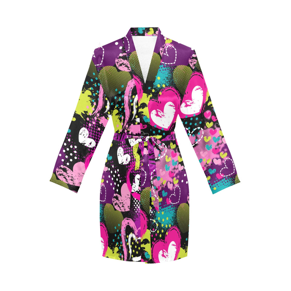 heart dot wave star creative design pattern Women's Long Sleeve Belted Night Robe