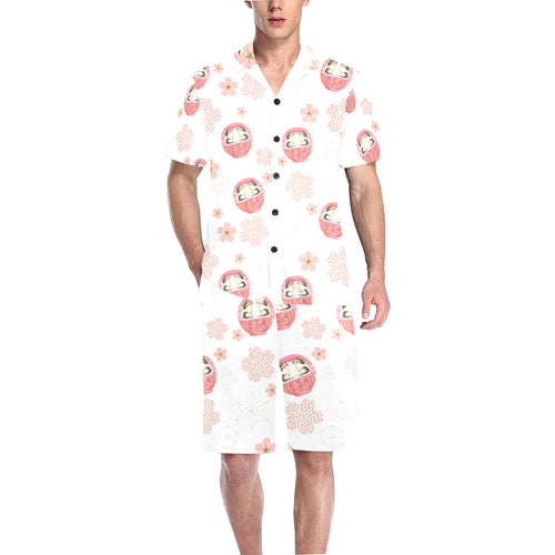 Daruma japanese wooden doll cherry blossom flower Men's V-Neck Short Pajama Set