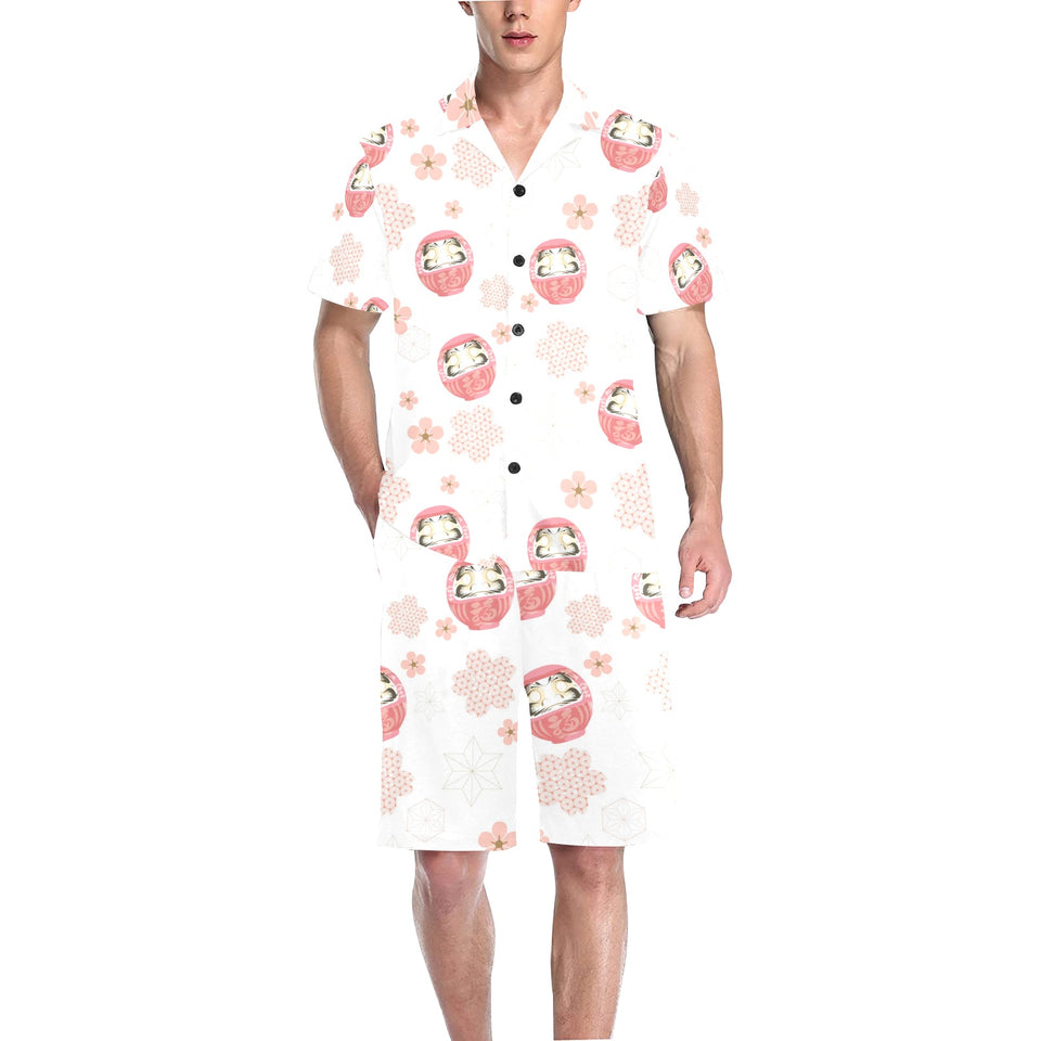 Daruma japanese wooden doll cherry blossom flower Men's V-Neck Short Pajama Set