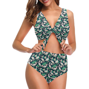 Pelican Pattern Print Design 03 Chest Bowknot High Waisted Bikini Swimsuit
