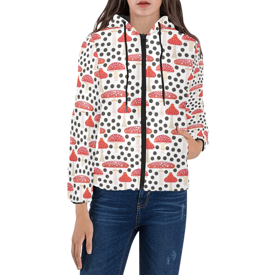 Red mushroom dot pattern Women's Padded Hooded Jacket