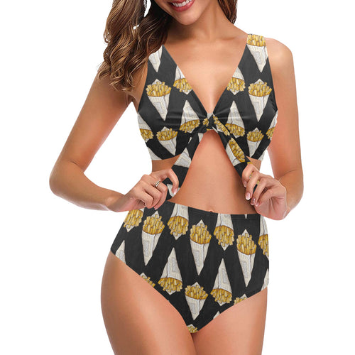 French fries dark background Chest Bowknot High Waisted Bikini Swimsuit