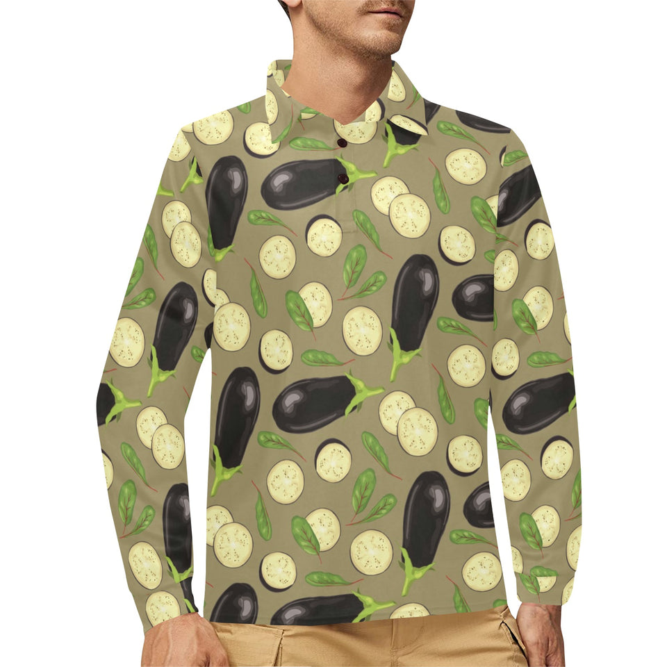 Eggplant Pattern Print Design 02 Men's Long Sleeve Polo Shirt