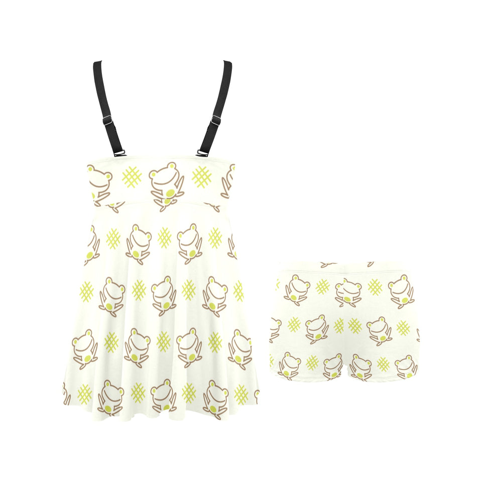 Cute cartoon frog baby pattern Chest Sexy Pleated Two Piece Swim Dress