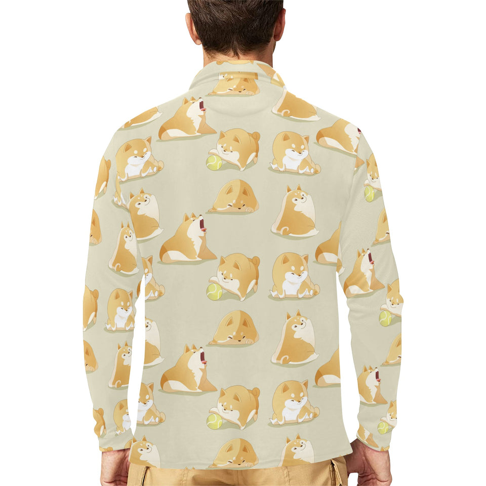 Cute fat shiba inu dog pattern Men's Long Sleeve Polo Shirt