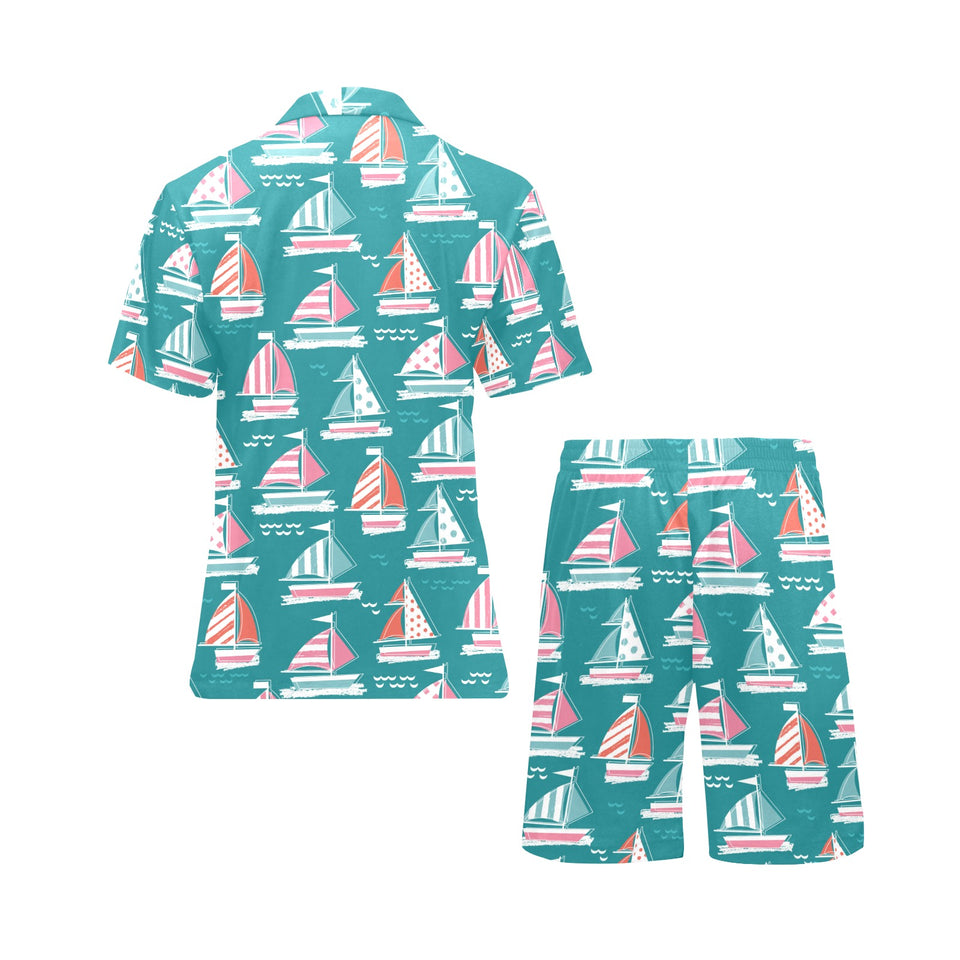 Cute sailboat pattern Men's V-Neck Short Pajama Set