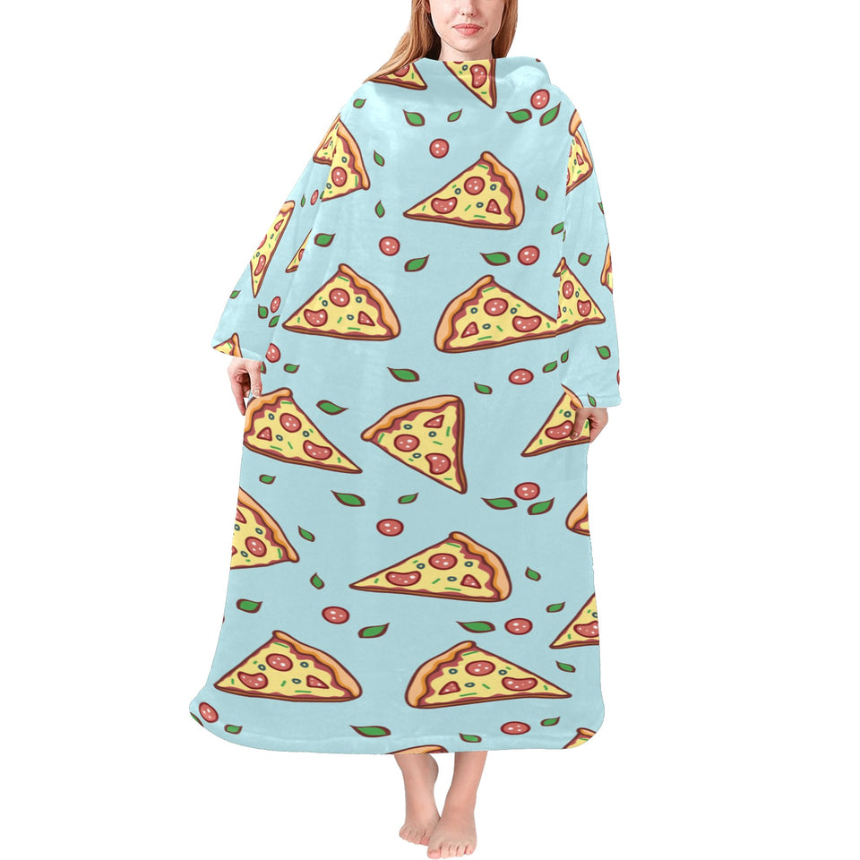 Hand drawn pizza blue background Blanket Robe with Sleeves