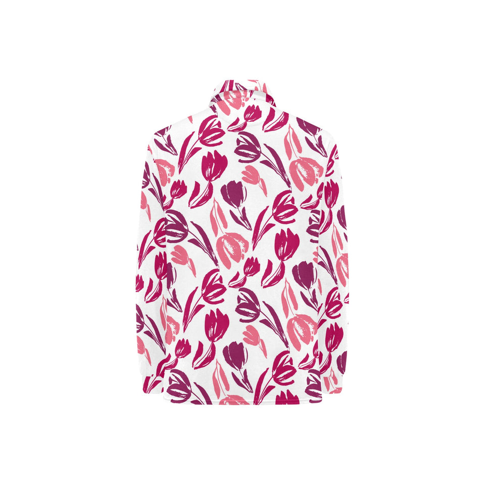 pink sketch tulip pattern Women's Long Sleeve Polo Shirt