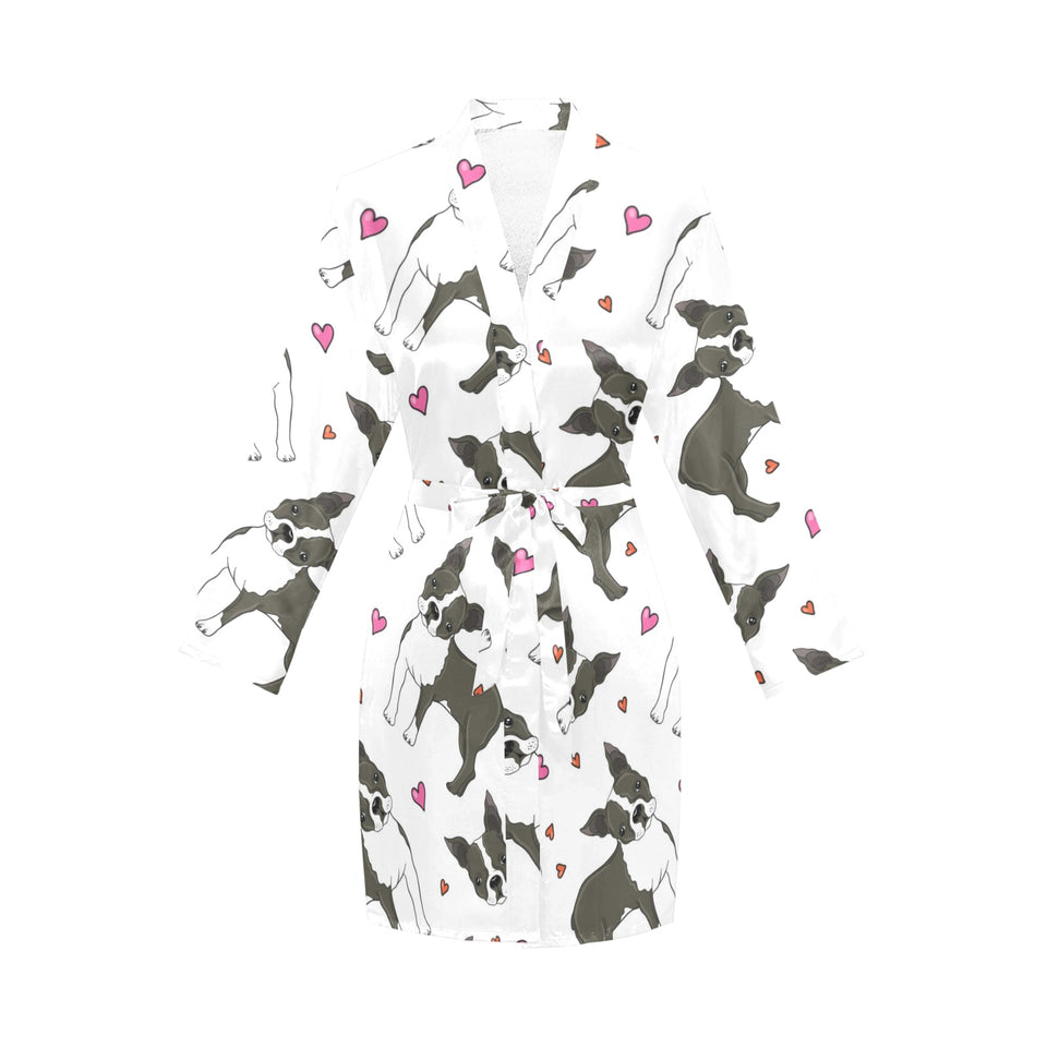 Boston terrier dog hearts vector pattern Women's Long Sleeve Belted Night Robe