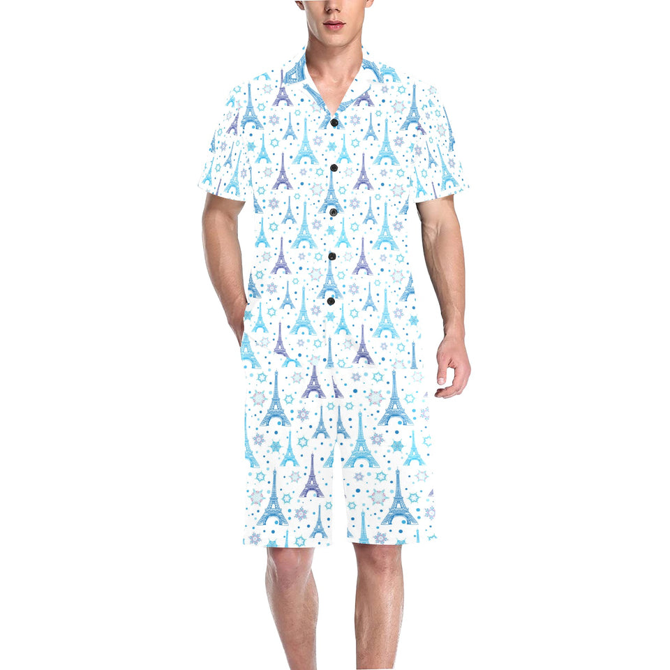 Blue Eiffel Tower Theme Pattern Print Design 01 Men's V-Neck Short Pajama Set