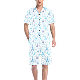 Blue Eiffel Tower Theme Pattern Print Design 01 Men's V-Neck Short Pajama Set