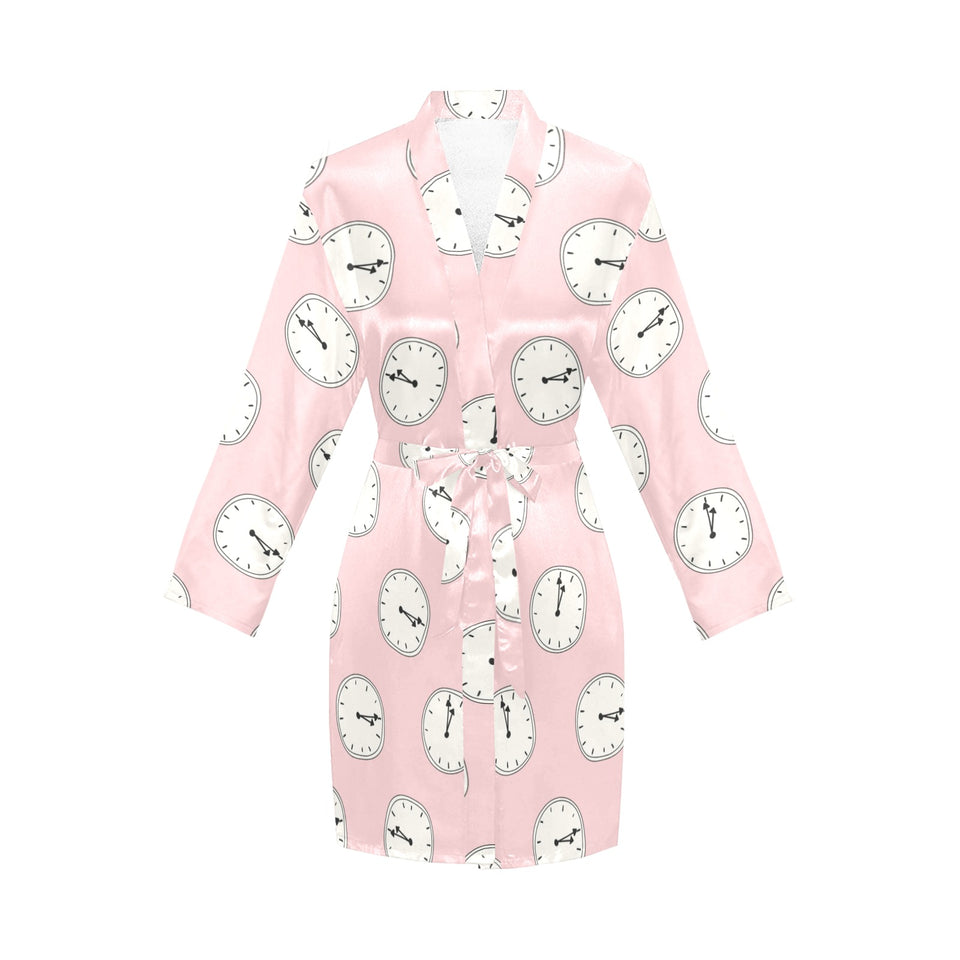 Clock pattern pink blackground Women's Long Sleeve Belted Night Robe