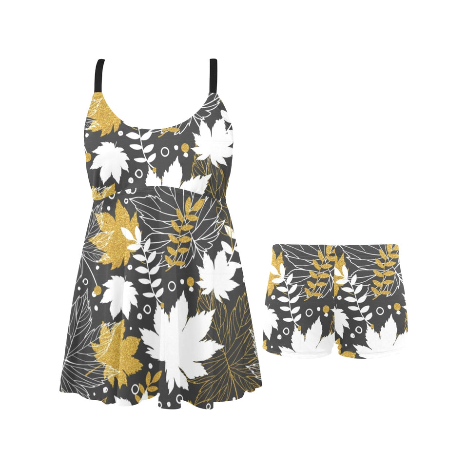 Beautiful gold autumn maple leaf pattern Chest Sexy Pleated Two Piece Swim Dress