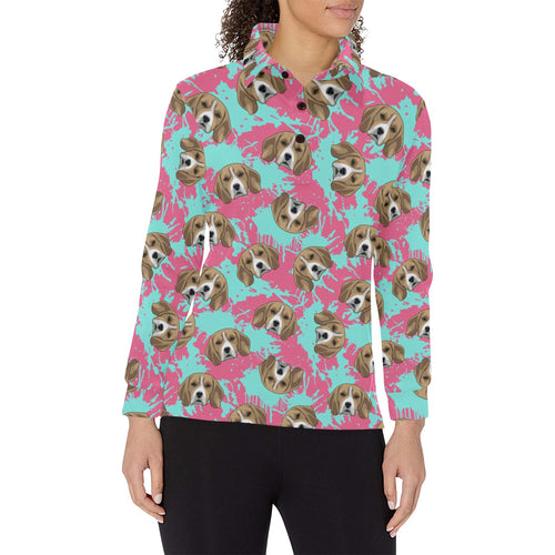 Beagle muzzles turquoise paint splashes pink patte Women's Long Sleeve Polo Shirt