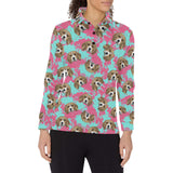 Beagle muzzles turquoise paint splashes pink patte Women's Long Sleeve Polo Shirt