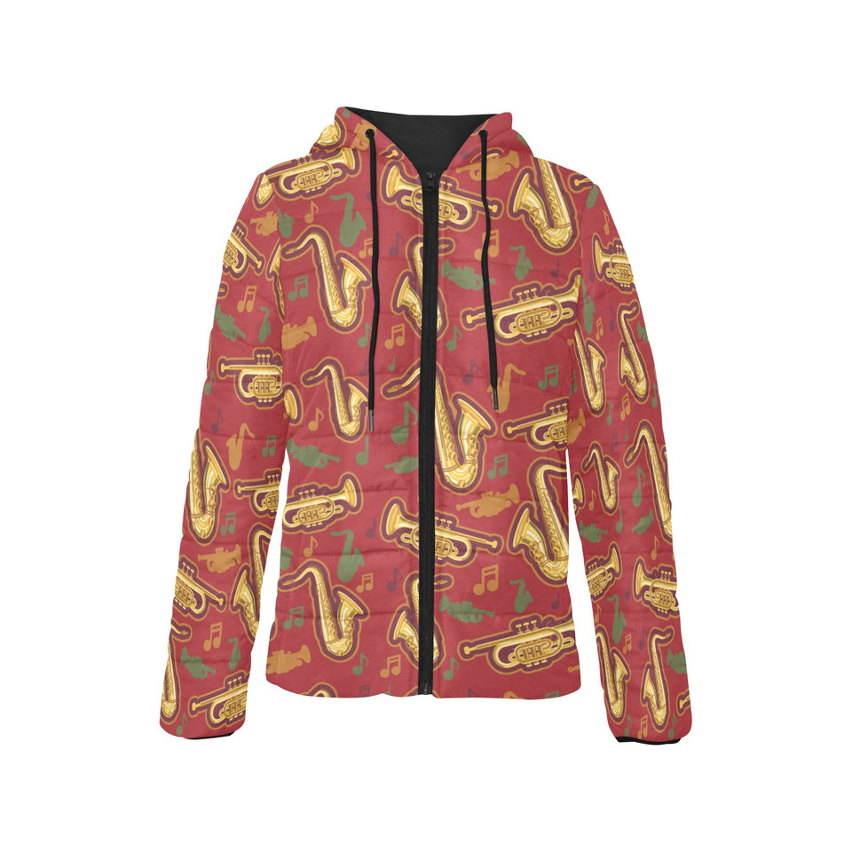 Saxophone cornet pattern red background Women's Padded Hooded Jacket
