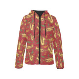 Saxophone cornet pattern red background Women's Padded Hooded Jacket