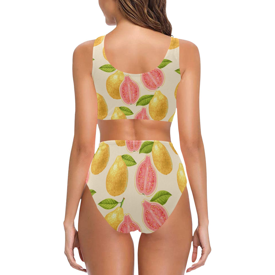 Beautiful guava pattern Chest Bowknot High Waisted Bikini Swimsuit