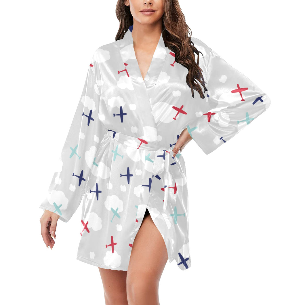 Airplane cloud grey background Women's Long Sleeve Belted Night Robe