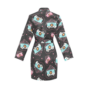 Camera Pattern Print Design 04 Women's Long Sleeve Belted Night Robe