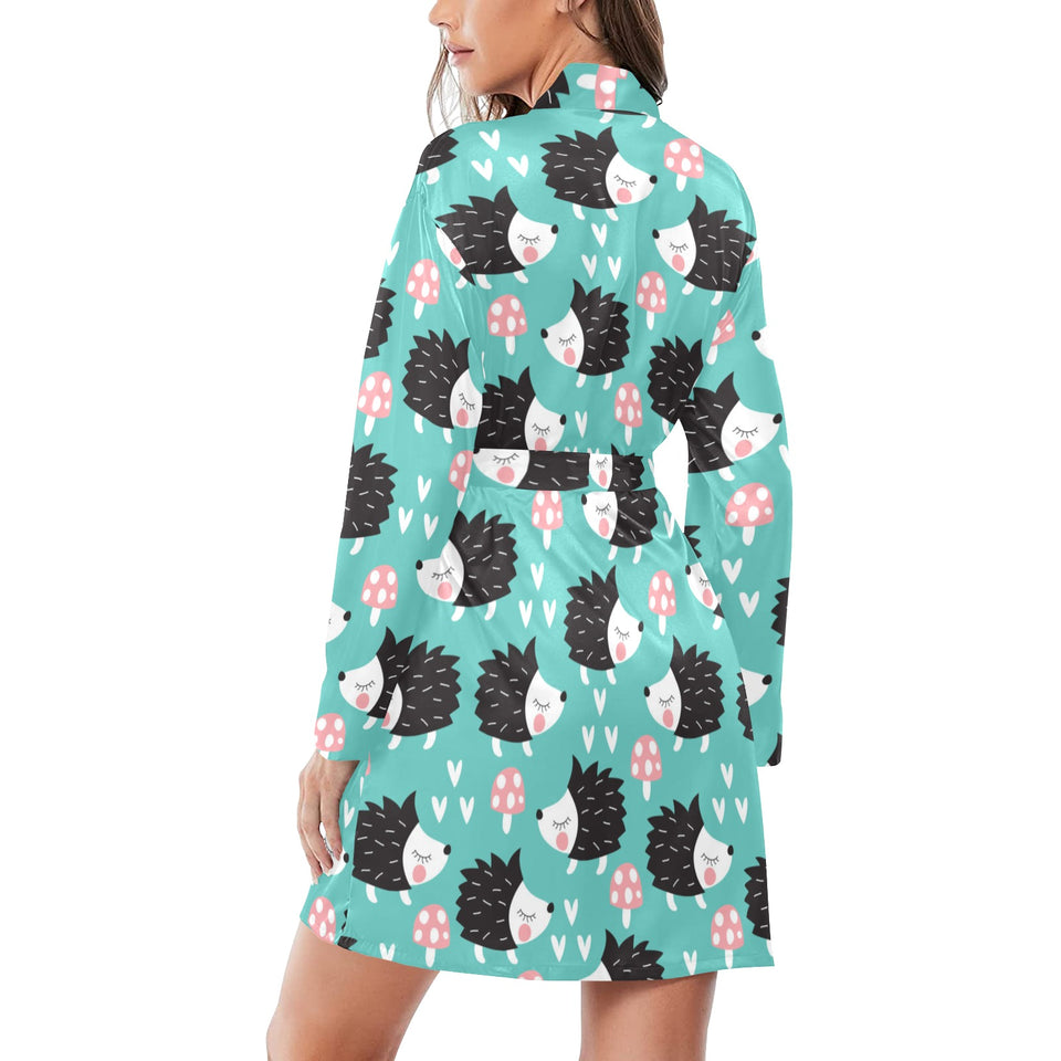 Hedgehog Pattern Print Design 03 Women's Long Sleeve Belted Night Robe