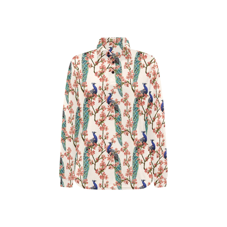 Peacock tropical flower pattern Women's Long Sleeve Polo Shirt