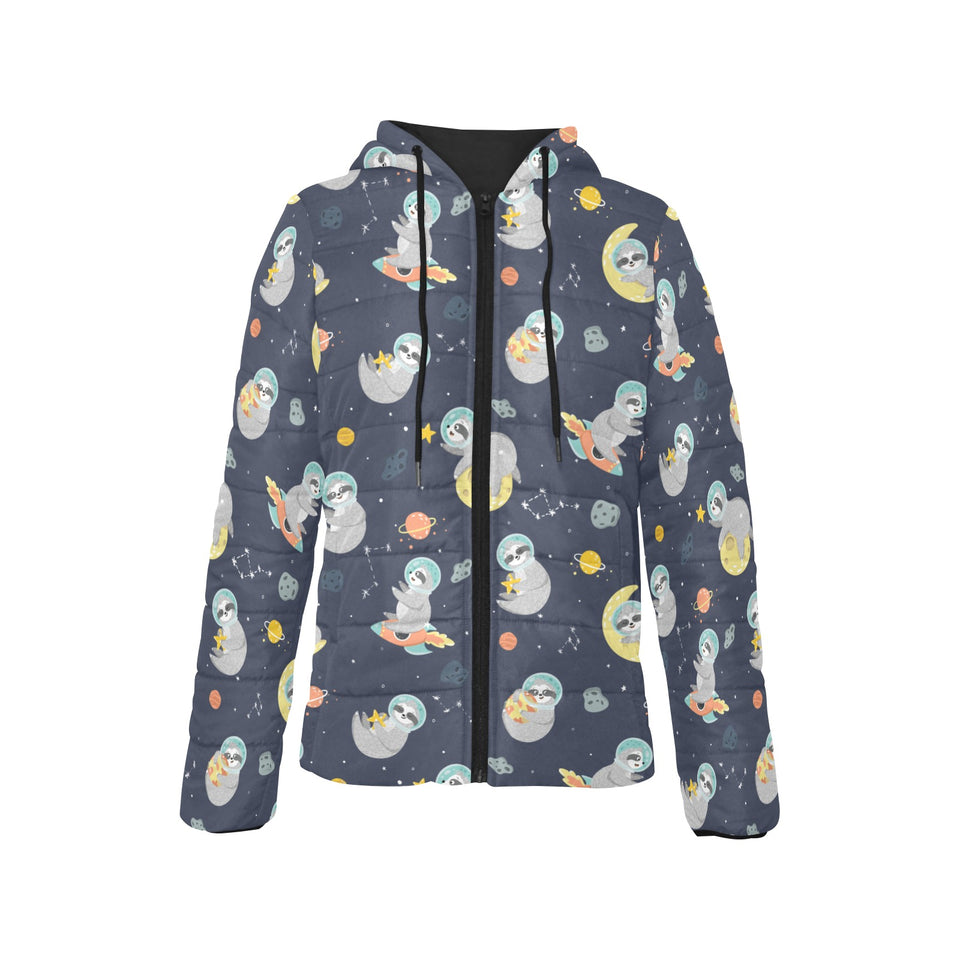 Cute sloth astronaut star planet rocket pattern Women's Padded Hooded Jacket