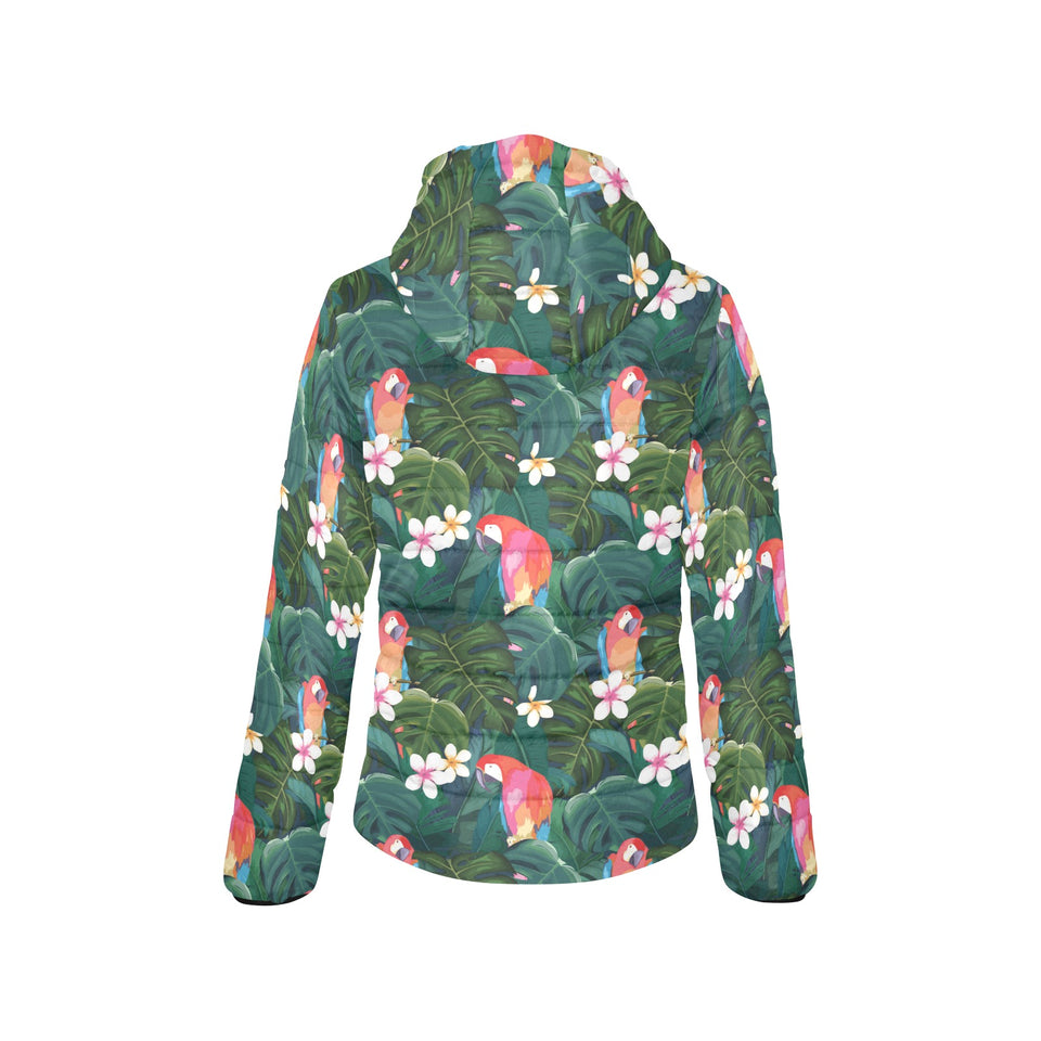 Parrot Palm tree leaves flower hibiscus pattern Women's Padded Hooded Jacket