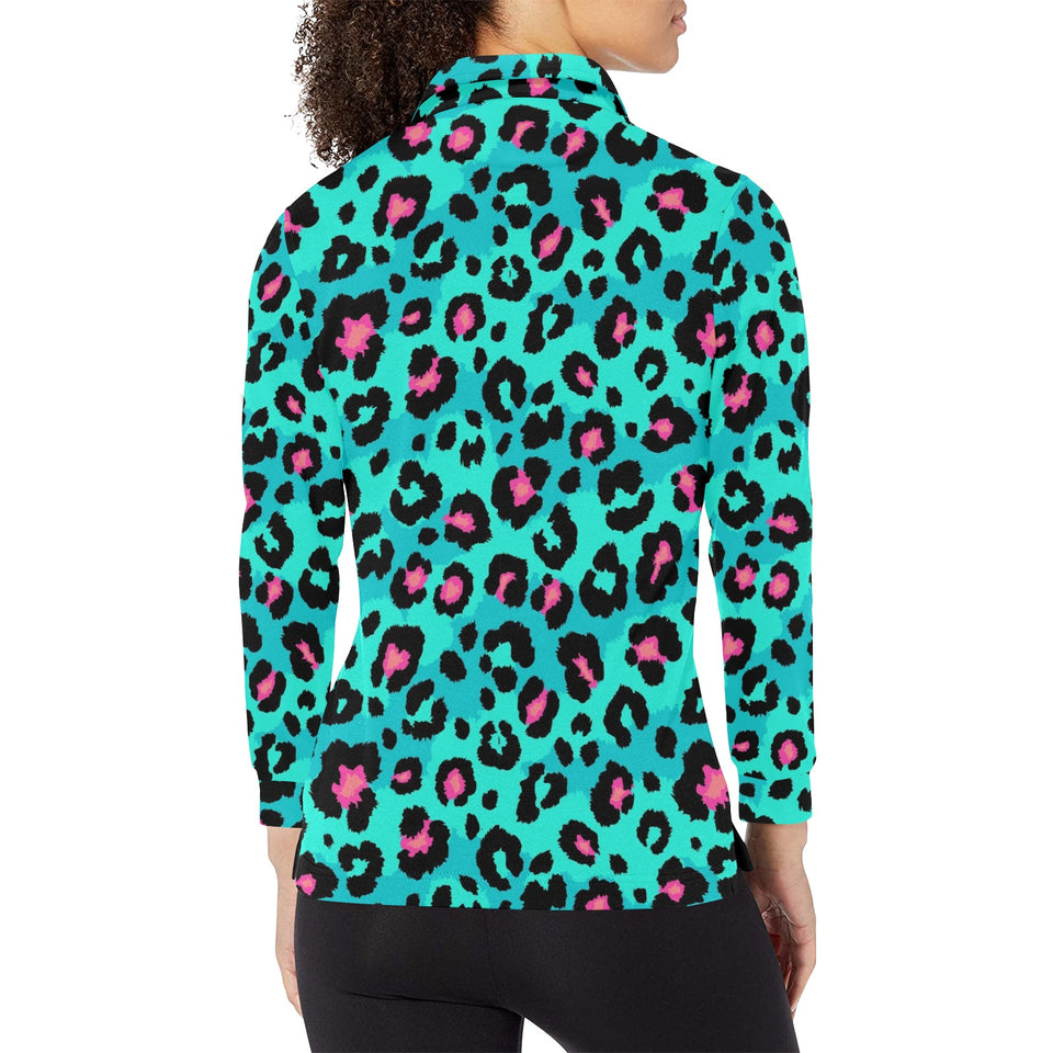 Green leopard skin print pattern Women's Long Sleeve Polo Shirt