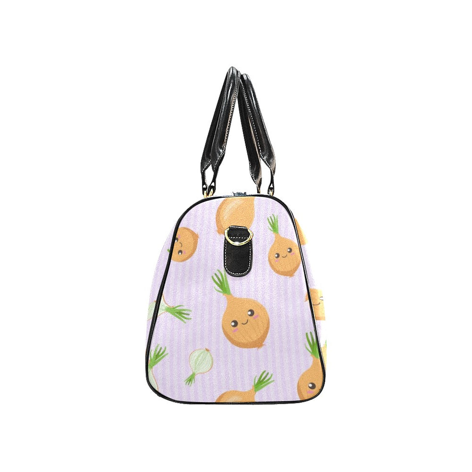 cute onions smiling faces purple background Travel Bag