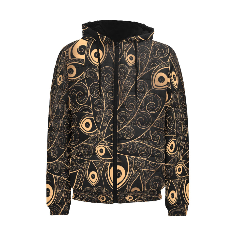 Gold peacock feather pattern Men's Padded Hooded Jacket