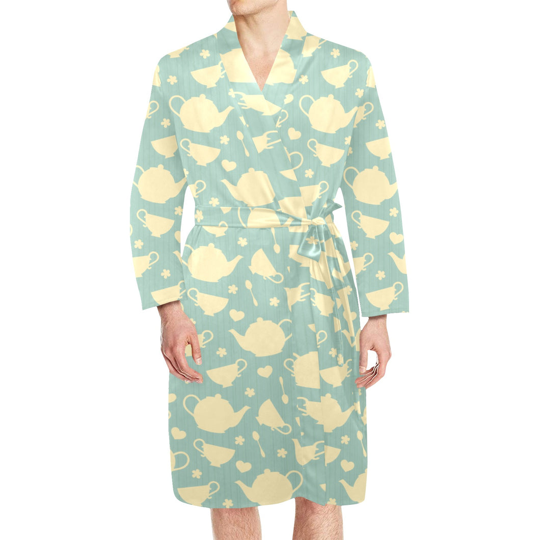 Tea pots Pattern Print Design 02 Men's Long Sleeve Belted Night Robe