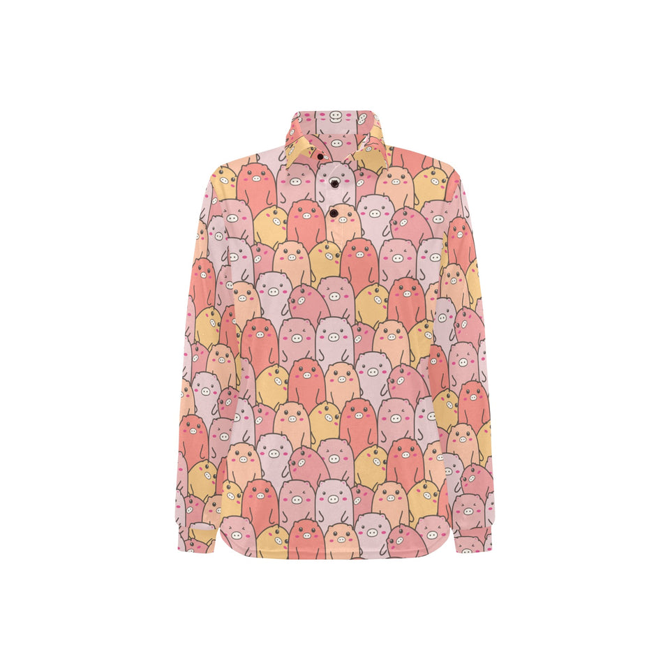 Pig Pattern Print Design 04 Women's Long Sleeve Polo Shirt