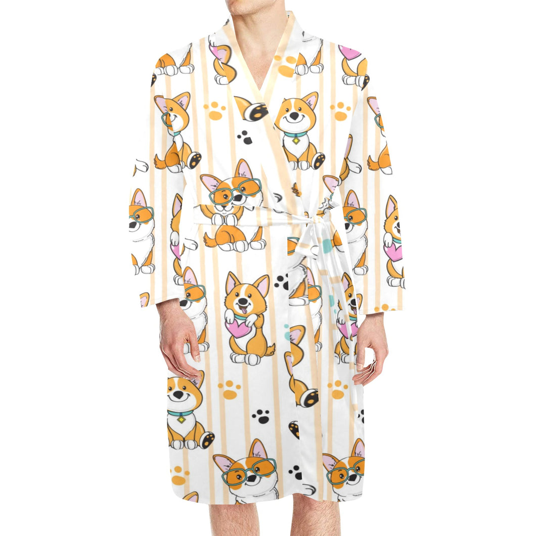 Cute dog corgi striped background pattern Men's Long Sleeve Belted Night Robe