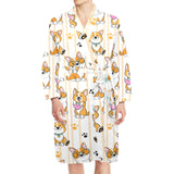 Cute dog corgi striped background pattern Men's Long Sleeve Belted Night Robe