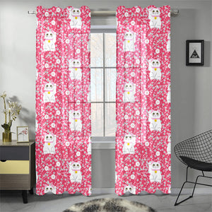 Maneki neko cat sakura pink background Gauze Curtain