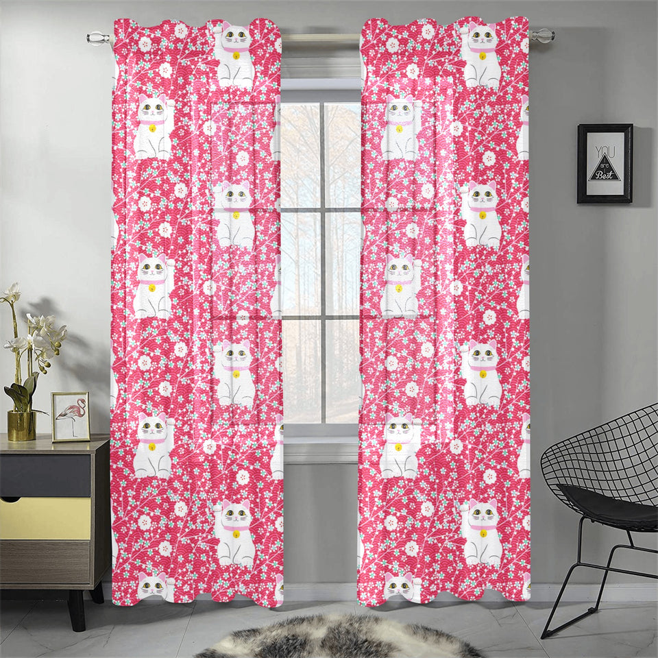 Maneki neko cat sakura pink background Gauze Curtain