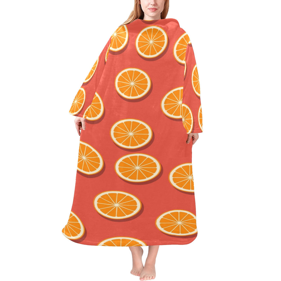 Oranges pattern red background Blanket Robe with Sleeves